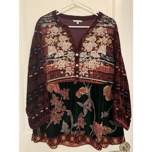 John Mark Mixed Media Burnout Velvet Tunic Large Embroidered Floral Boho
